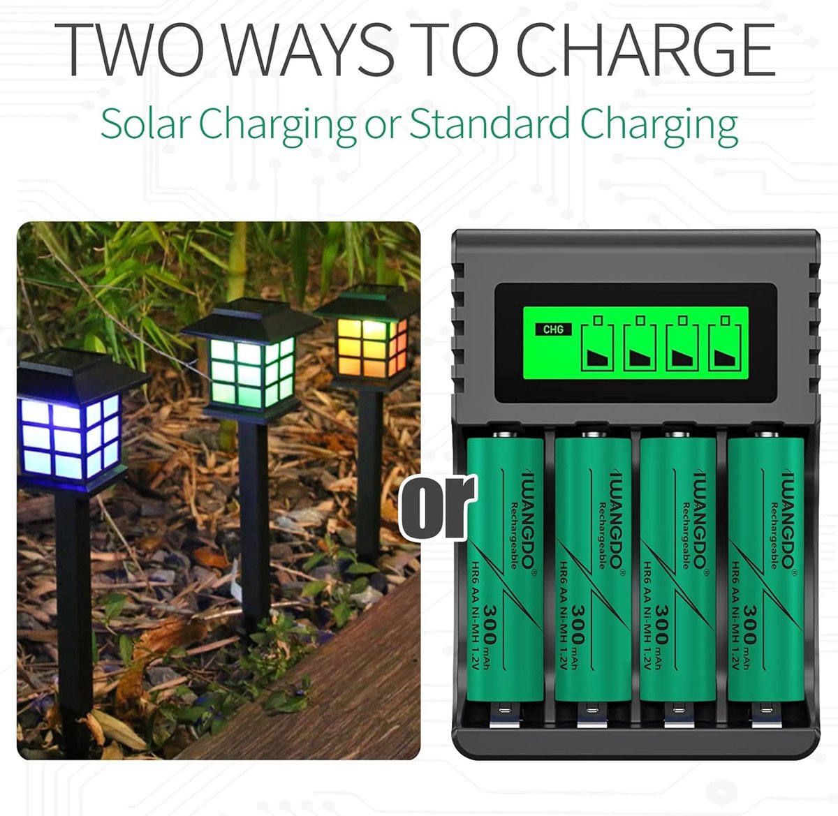 SnelShoppen - Pack van 8 Oplaadbare AA Batterijen 300 mAh HR6 voor Tuinverlichting, Pre-Charged, NiMH, Ideaal voor Solar Tuinlampen