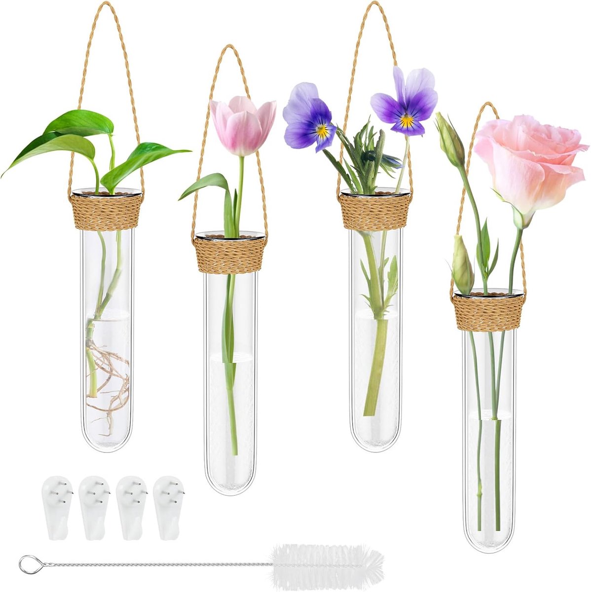 SnelShoppen - Decoratieve Testbuis Vaas Set van 4 - Creatieve Hangende Glazen Vazen - Kleine Muurdecoratie - Transparante Bloemenvazen met Haak en Rei