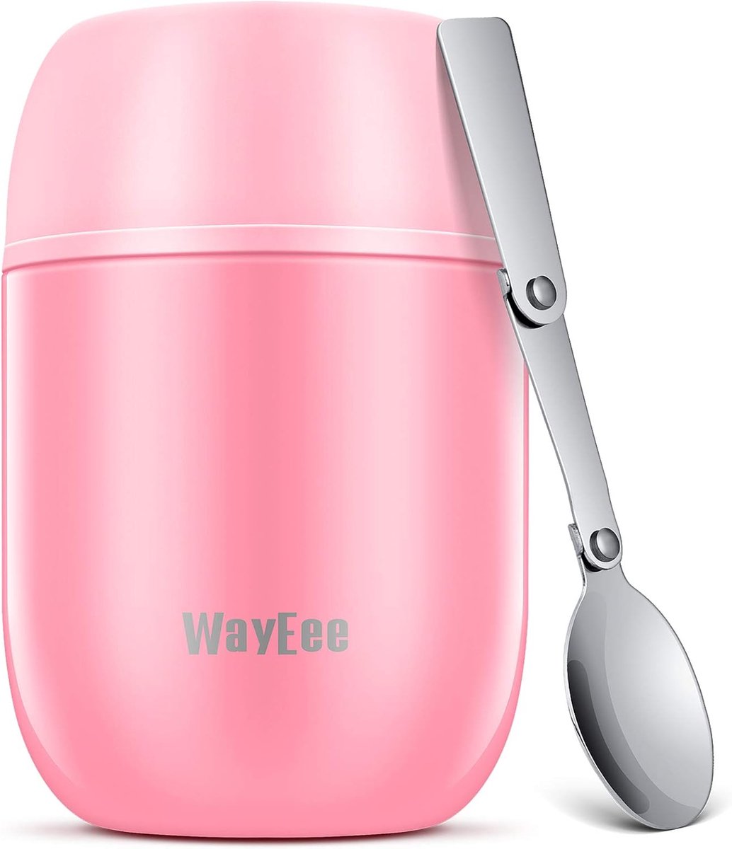 SnelShoppen - Hot Food Bottle, RVS Warmhoudfles met Vouwlepel - 450ml, Roze, Ideaal voor Lunch, Camping, Kinderen, Keuken, Duurzaam en Isolatie