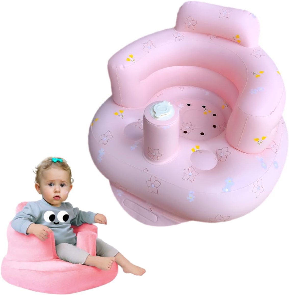 SnelShoppen - Opblaasbare Babybank met Pluche Hoes voor Baby's 4-24 maanden, Ingebouwde Luchtpomp, Rugsteun, Peuterbank, Babyzitje, Binnenstoel, Vloer