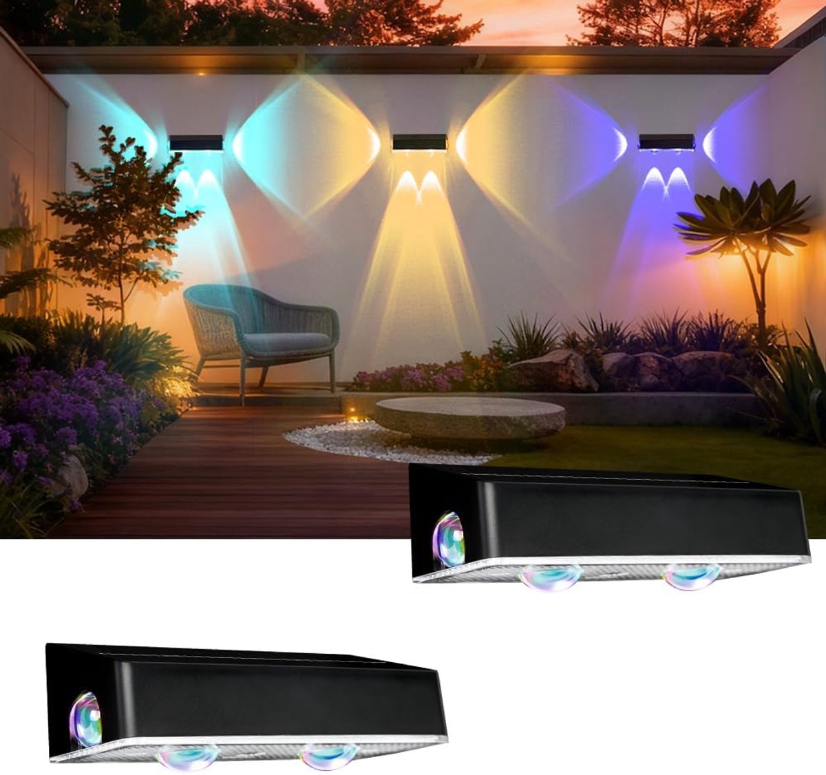 SnelShoppen - Outdoor Wandlamp Solar, 2-Pack, IP65 Waterdicht, RGB Tuinverlichting met 9 Kleuren en 11 Modi voor Patio, Feest en Buiten