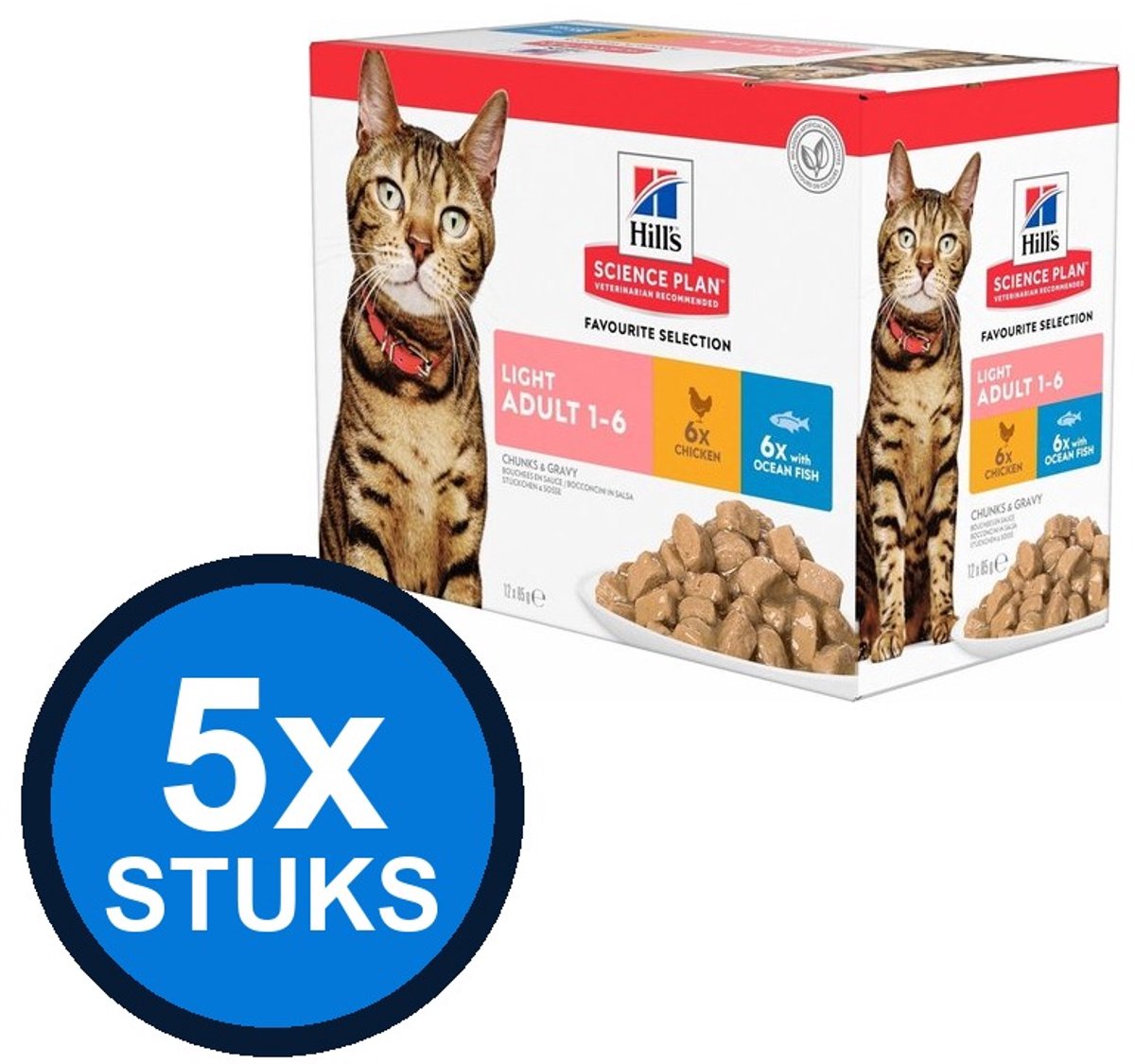 5x Hill's - Science Plan cat adult light fav sel mp 12x85gr - Kattenvoer - 1.02 kg