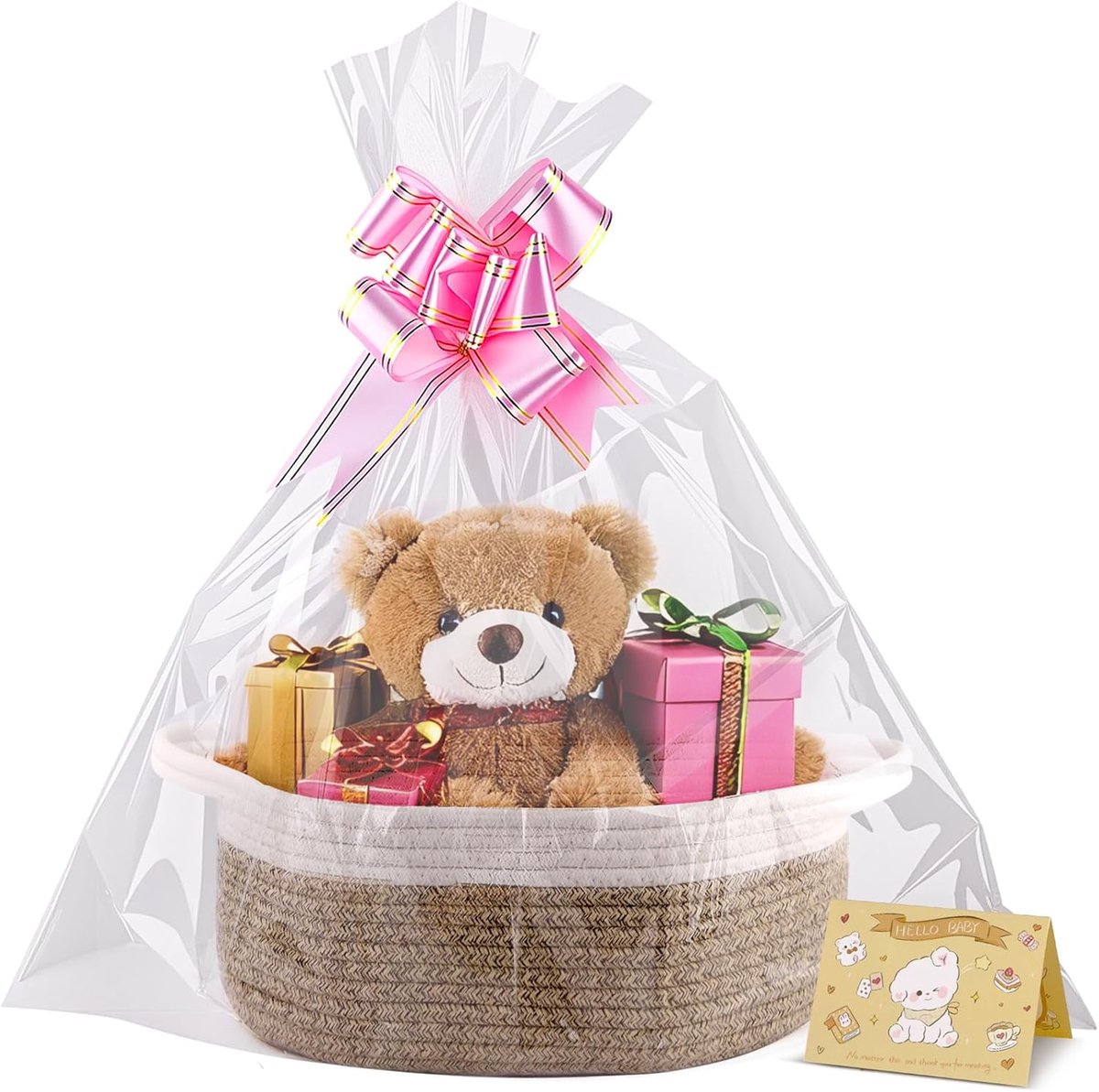 SnelShoppen - Baby Woven Basket met Cadeautassen en Ribbons - Kleine Geweven Mand - Perfect voor Babyshowers, Feestjes en Kinderkamer Decoratie - Mult