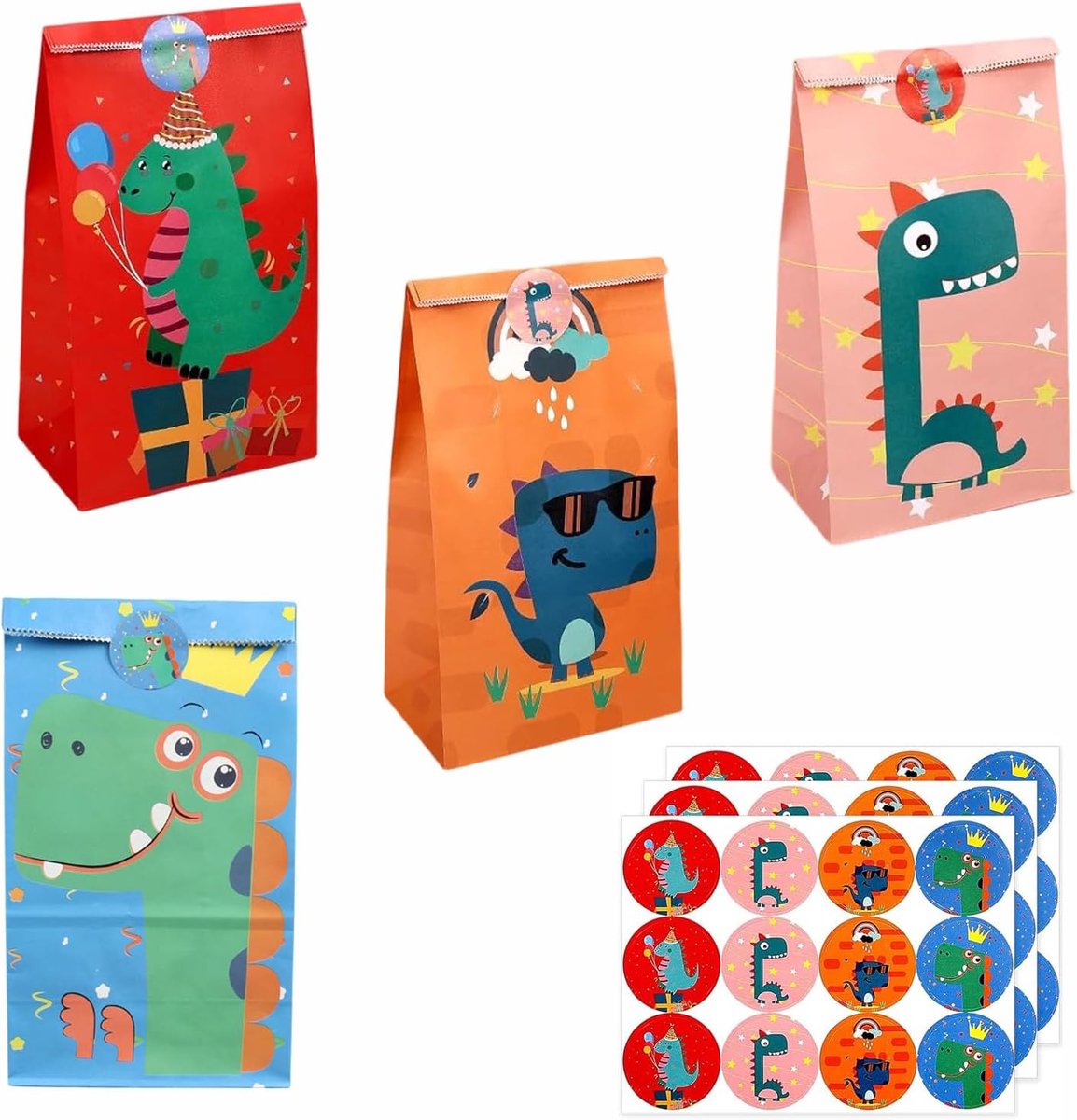 SnelShoppen - 24 Stuks Papieren Dinosauruszakjes met 36 Stickers - Kleurrijke Snoepzakjes voor Verjaardagsfeest, Bruiloft, Kinderfeest, Feestjes, Mili