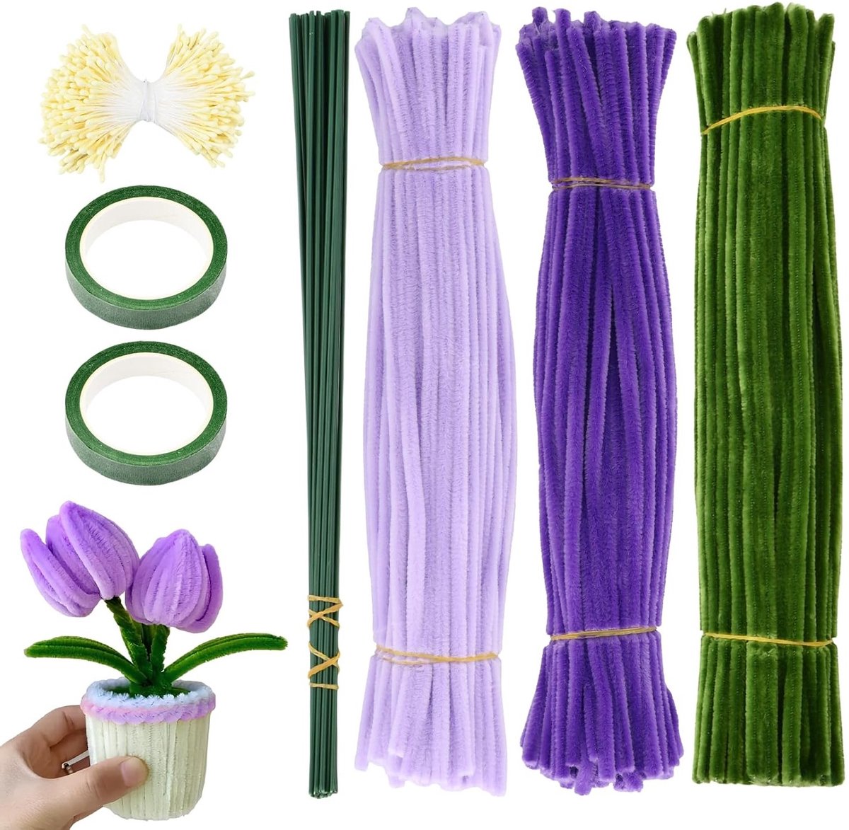 Kleurige Tulpenboeket Borstels - 300 Stuks Flexibele Borstels, Chenille Draad, Bloemstelen en Floral Lint voor Creatieve Bloemschikken