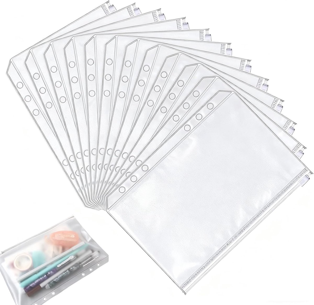 SnelShoppen - Pack van 12 A5 Zip Pockets Transparante PVC Hoezen Waterdicht met 6 Gaten voor Documenten, Notebooks, Creditcards en Foto's Organiser
