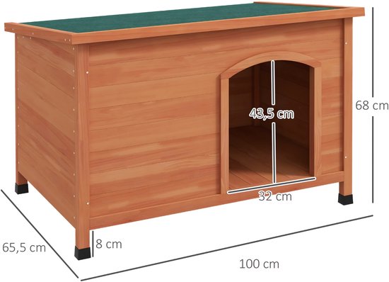 Houten hondenhok met groen dak, met afmetingen 100x65.5x68cm en opening van 32x43.5cm.