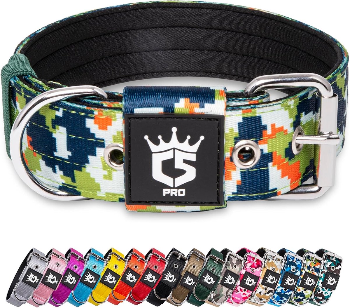 SnelShoppen - Dikke Hondenhalsband met Metalen Gesp - Verstelbare Kraag voor Honden - Heavy Duty Polyester - Camo Groen M - Geschikt voor Nekomvang 40