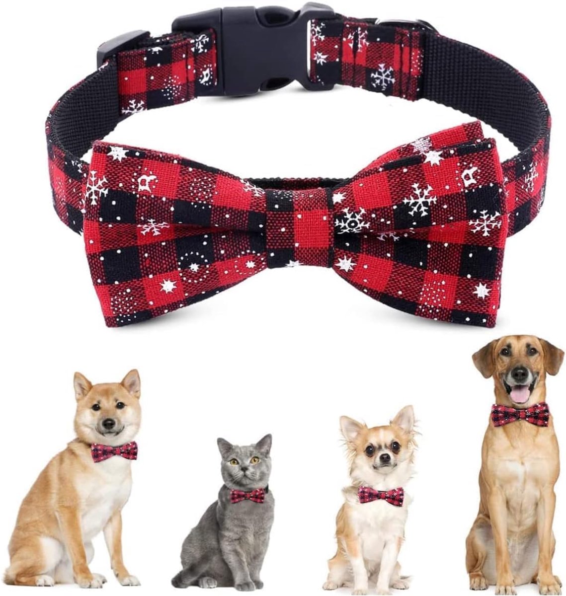 SnelShoppen - Honden- en Kattenhalsband met Strikje, Rood Ruitpatroon met Sneeuwvlokken, Verstelbare Kersthalsband voor Middelgrote en Grote Honden (L