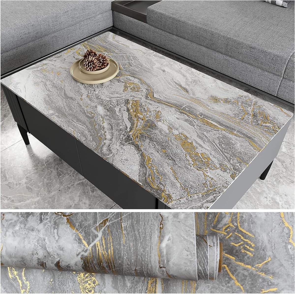 Vintage Grijs Gouden Marmer Behang - Dikke Marmer Contactfolie voor Keuken, Meubels en Badkamer - Zelfklevend Vinyl met 40cm x 300cm Afmetingen