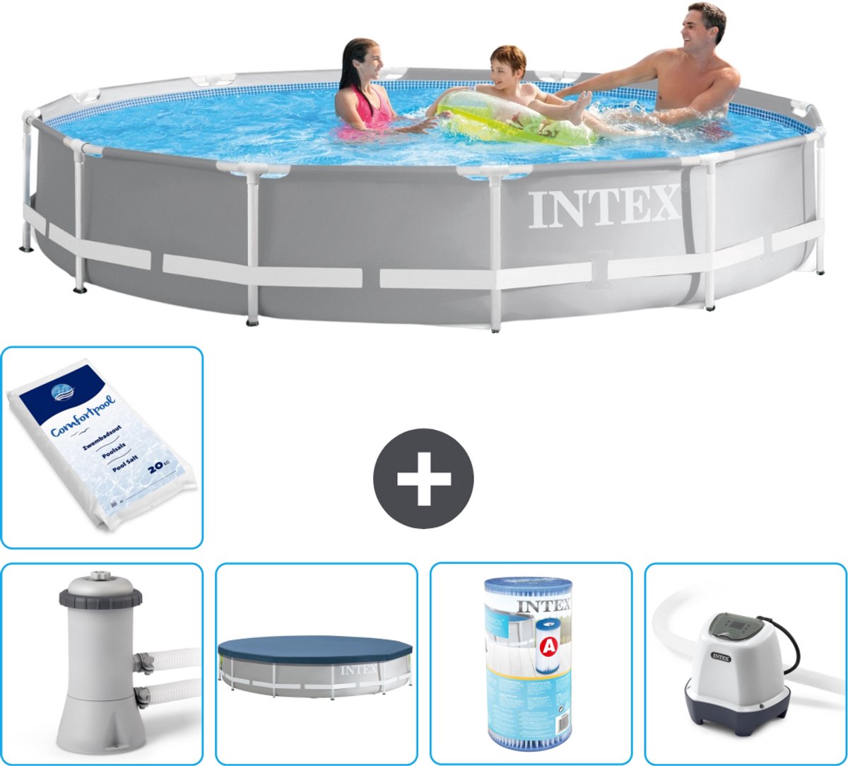 Intex Rond Prism Frame Zwembad - 366 x 76 cm - Grijs - Inclusief Pomp - Afdekzeil - Filter - Zoutwatersysteem - Zwembadzout - 6-delig