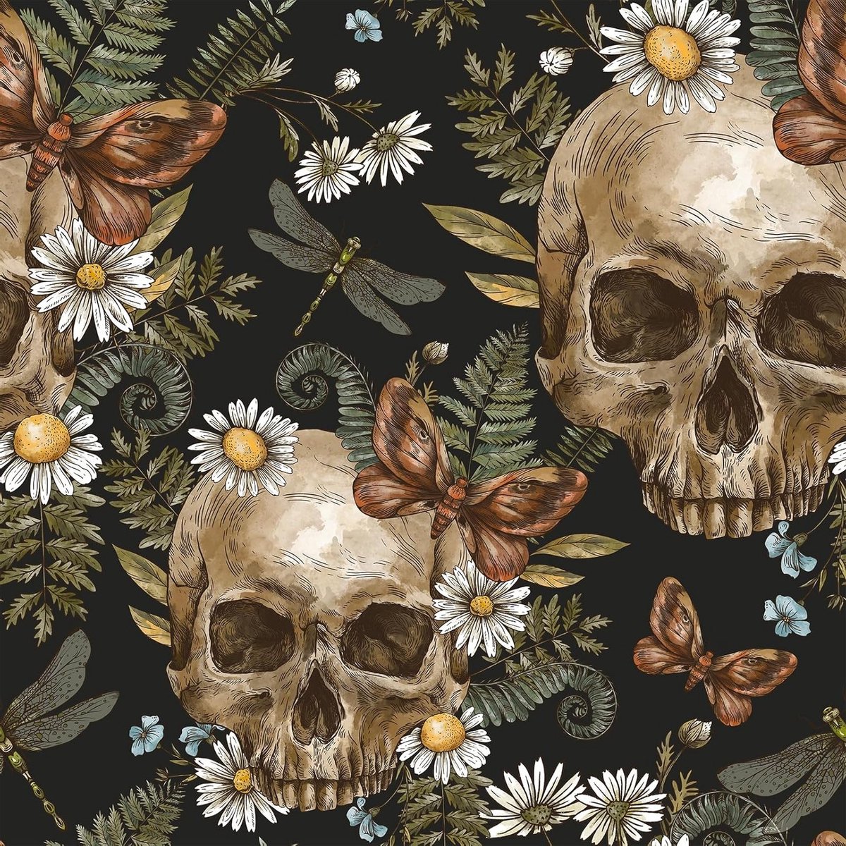 Donkere Gothic Behang met Schedels en Varens - Zelfklevend Zwart Bloemenbehang voor Slaapkamer, Badkamer en Woonkamer - Muurdecoratie met Schedels en Natuurlijke Motieven 44,5cm x 300cm