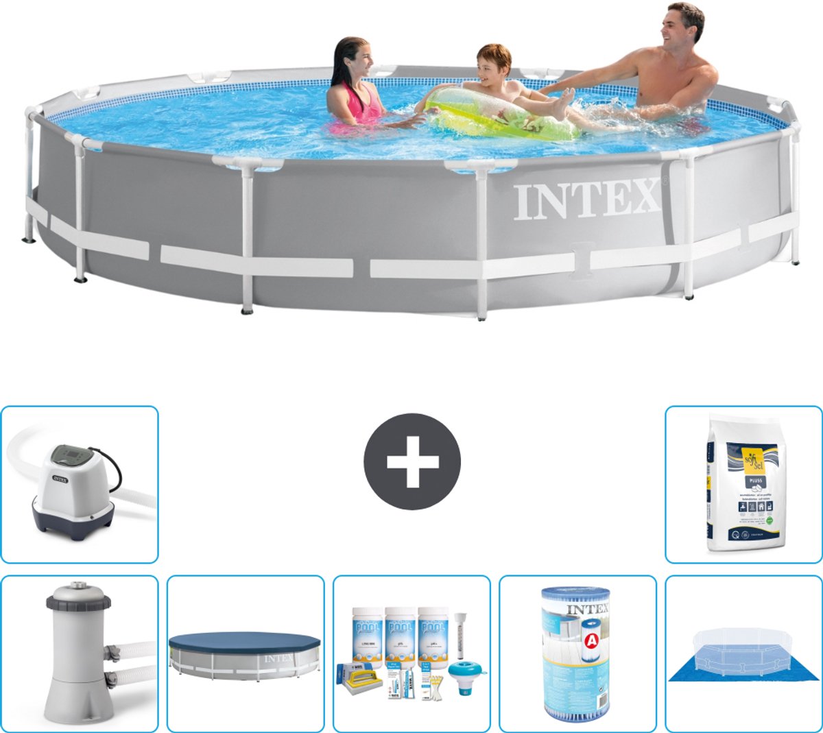 Intex Rond Prism Frame Zwembad - 366 x 76 cm - Grijs - Inclusief Pomp - Afdekzeil - Onderhoudspakket - Filter - Grondzeil - Zoutwatersysteem - Zwembadzout - 8-delig