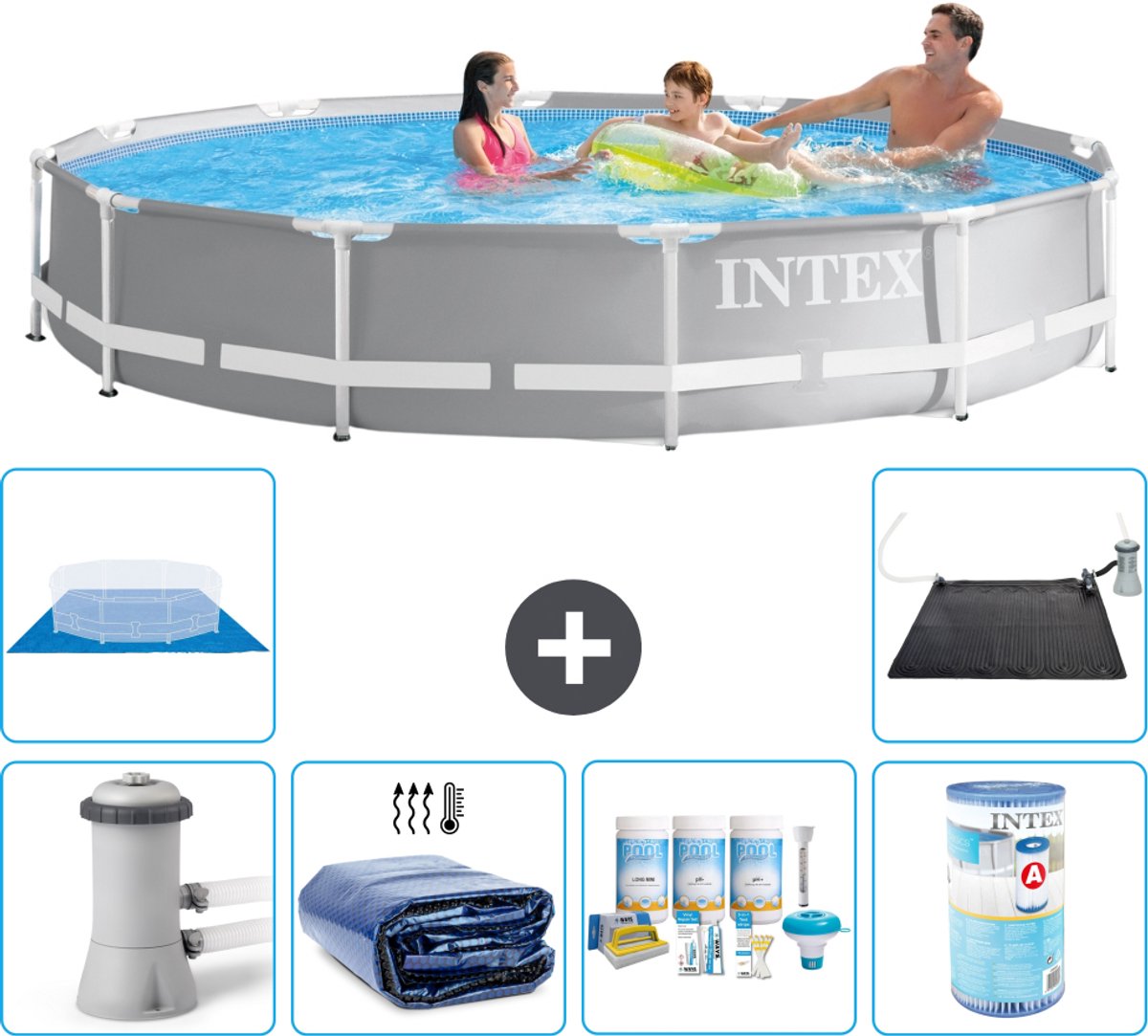Intex Rond Prism Frame Zwembad - 366 x 76 cm - Grijs - Inclusief Pomp - Solarzeil - Onderhoudspakket - Filter - Grondzeil - Solar Mat - 7-delig