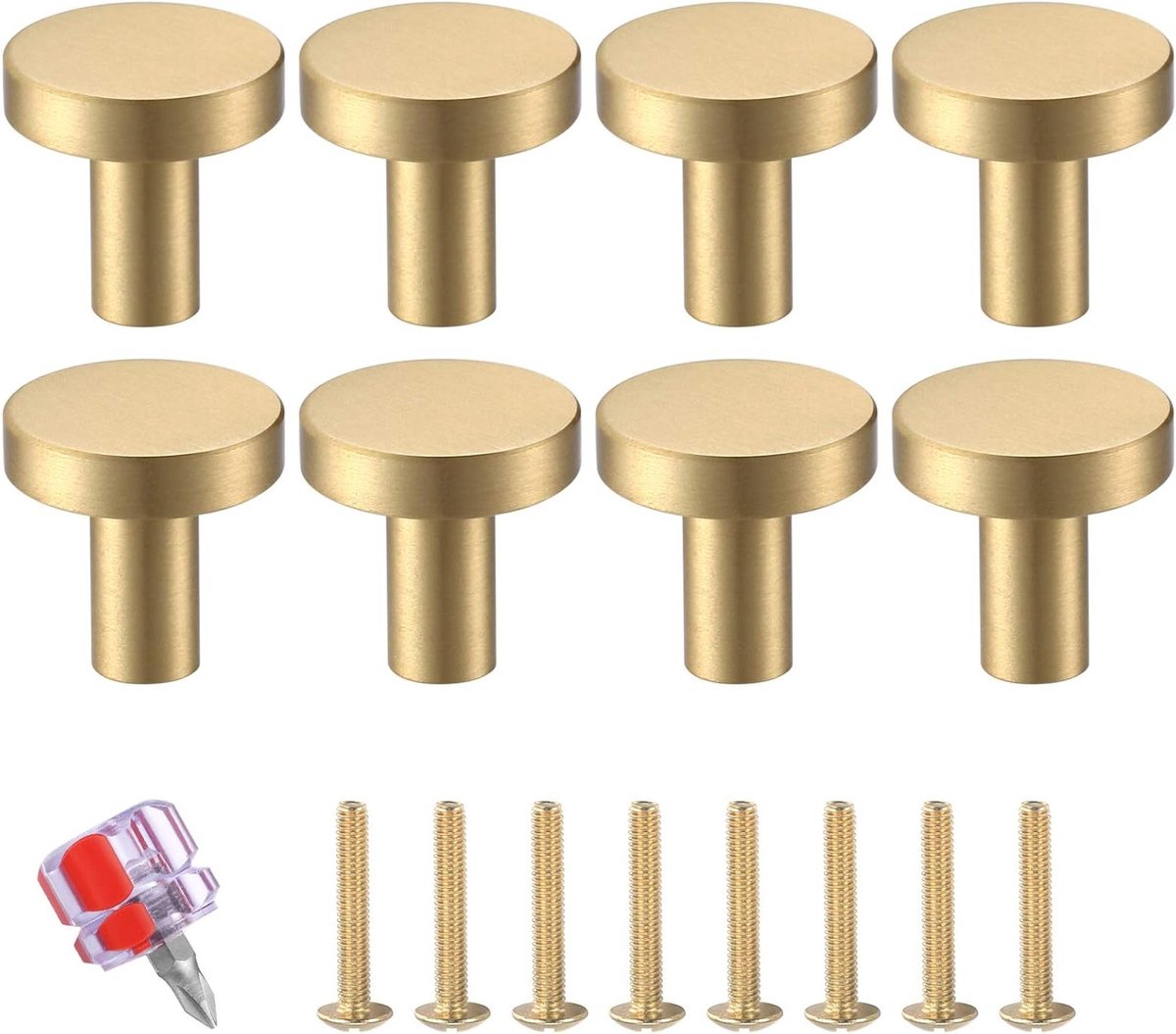 Set van 8 ronde deurknoppen van massief messing, kleine kastknoppen voor meubels, ladegrepen voor kasten en dressers, 20x23mm met schroeven inbegrepen