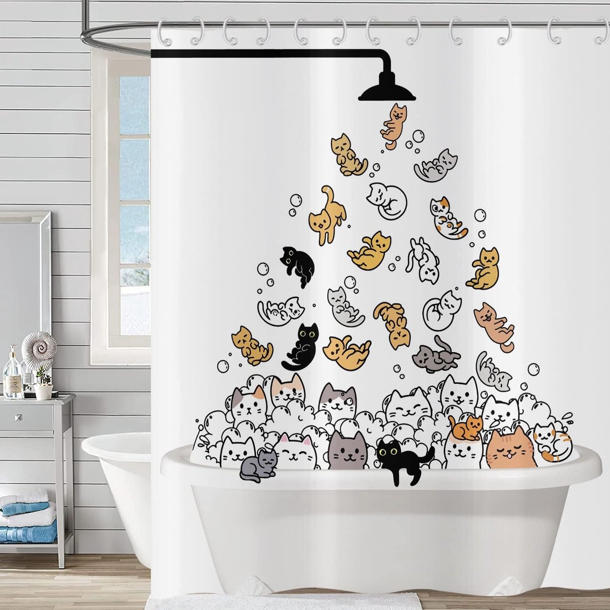 SnelShoppen - Grappige Kat Douchegordijn 180 x 200 cm, Kinderen Cartoon Dieren Kitten Kleurvol, Hilarische Huisdieren Badkamer Gordijnen met Haakjes,