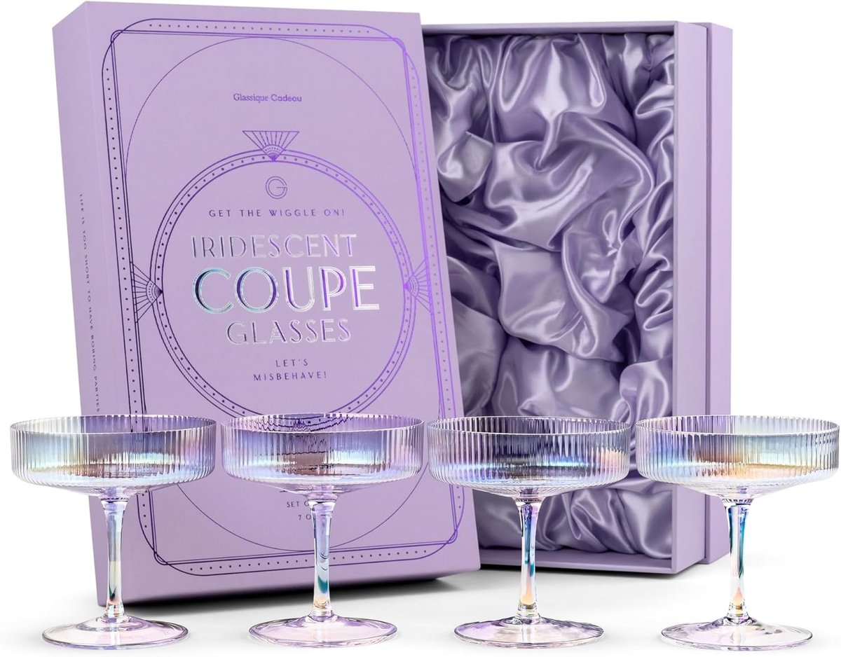 SnelShoppen - Set van 4 Vintage Art Deco Iridescent Coupe Glazen 200 ml - Regenboog Kristal Cocktail Glazen voor Champagne, Martini, Cosmopolitan - Pe