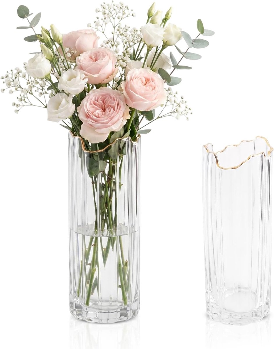 SnelShoppen - Glazen Vaas 31 cm Transparant - Moderne Geribbelde Bloemenvaas voor Pampasgras en Boeketten - Grote Vaas met Brede Opening voor Woonkame