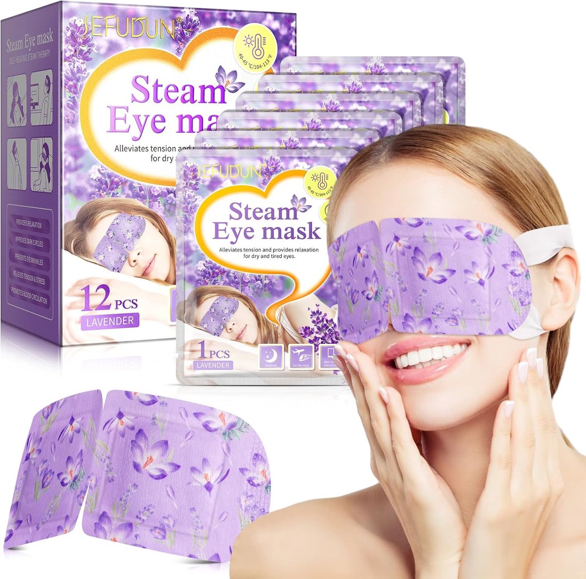 SnelShoppen - Pack van 12 Lavendel Stoom Oogmaskers - Zelfverwarmend voor Droge Ogen, Donkere Kringen, Puffiness, Ontspanning en Oogvermoeidheid, Comf