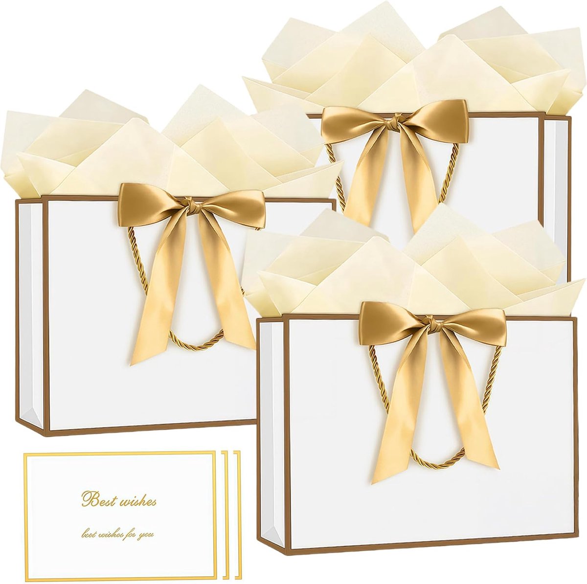 SnelShoppen - Witte Cadeautassen met Handvatten - 3 Stuks Medium Papieren Cadeautassen - Inclusief 6 Tissuetassen en 3 Wenskaarten - Perfect voor Verj