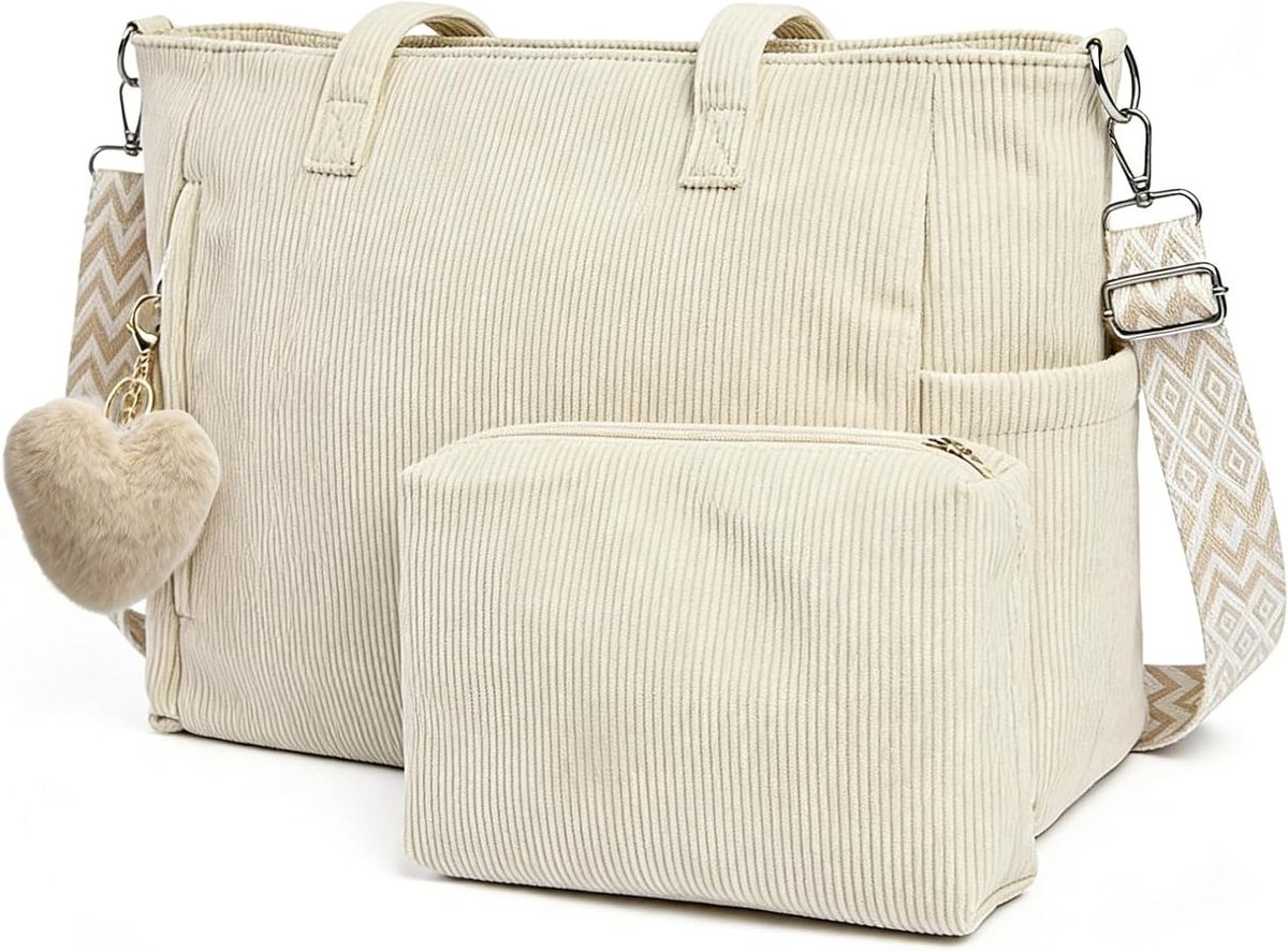 Grote corduroy schoudertas met verstelbare riem, ideale shopper voor pendelen, winkelen en reizen