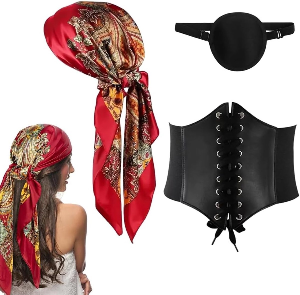 3-delige piratenkostuumaccessoires voor dames, inclusief hoofddoeken, korsetten en oogmaskers voor Halloween, carnaval en cosplay plezier