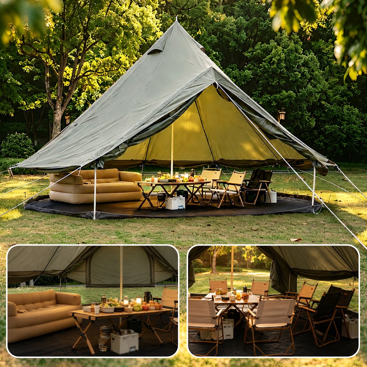 FloraGrace Tent – Ruime Bell Tent Voor 4 Tot 8 Personen – 400 X 400 X 250 Cm – Polyester – Donkergroen – 4-Seizoenen Kamperen En Glamping – Kachelopening