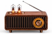 Retro Bluetooth speaker met houten afwerking, twee gloeilampen, antenne en gele radio-draaiknop.