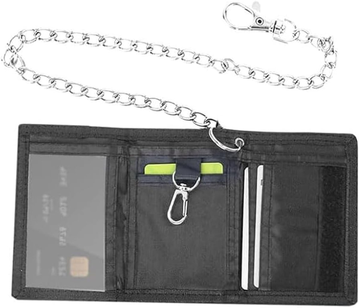 SnelShoppen - Slim Wallet voor Kinderen Jongens Zwart - Compacte Portemonnee met Drievoudige Ketting, Rits en Ruimte voor Cash & Kaarten - Perfecte Ca