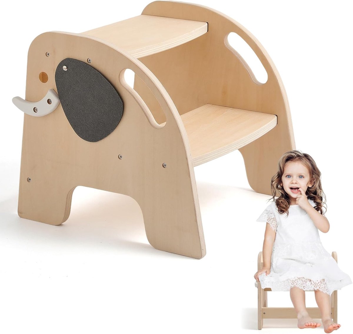 SnelShoppen - Kinder Step Stool, Houten Lerende Toren, Montessori, 2 Treden, Badkamer, Babykamer, Peuter Kamer, Antislip Olifant Design, FSC Gecertifi