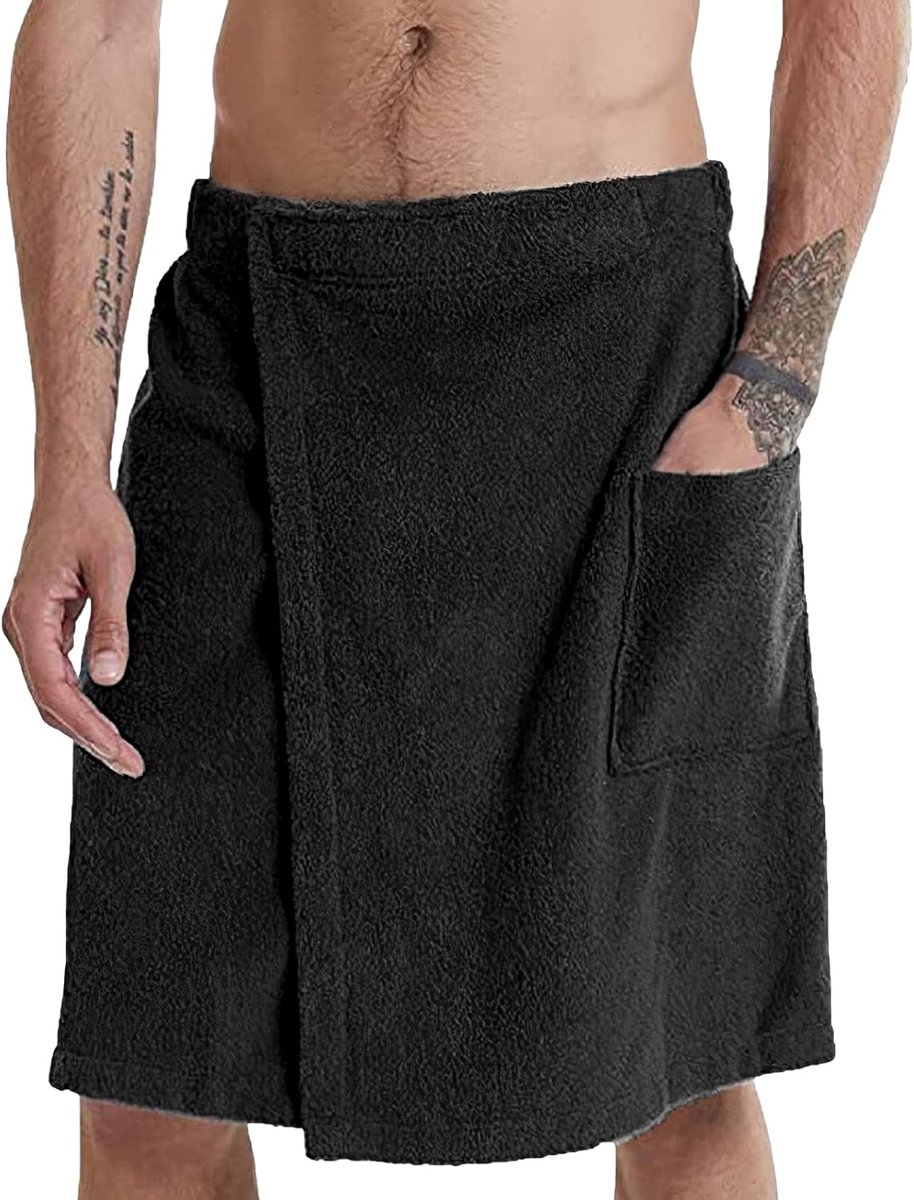 SnelShoppen - Mens Adjustable Bath Towel Wrap - Verstelbare Handdoekrok met Pocket voor Gym, Douche, Sauna, Spa & Strand - Zwart L