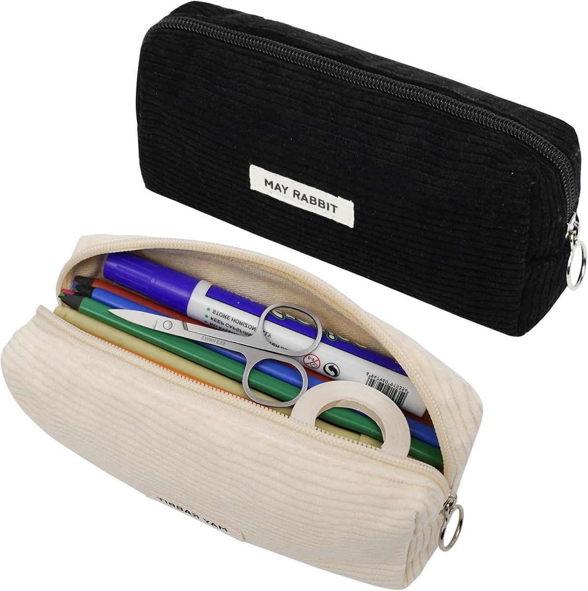 SnelShoppen - Set van 2 Corduroy Pennenhouders met Rits - Elegant Beige en Zwart - Perfect voor School, Reis en Kantoor - 19 x 6 x 7 cm