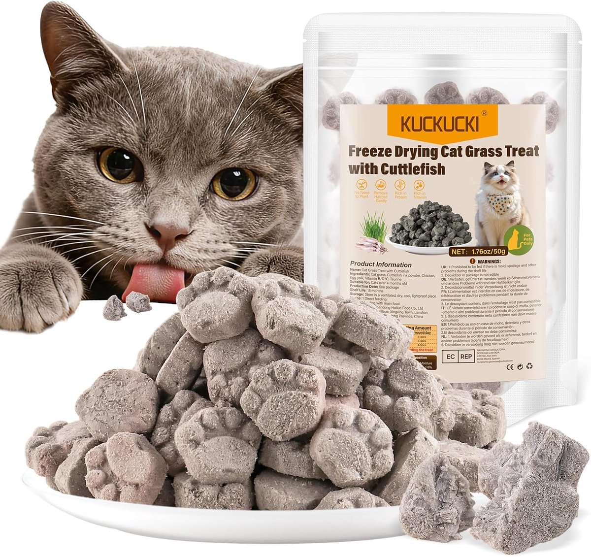 SnelShoppen - Cat Grass Teething 50g Eetbare Bevroren Droog Snacks voor Katten met Inktvis - Gezonde Kat Snacks voor Haarbalverwijdering en Tandverzor