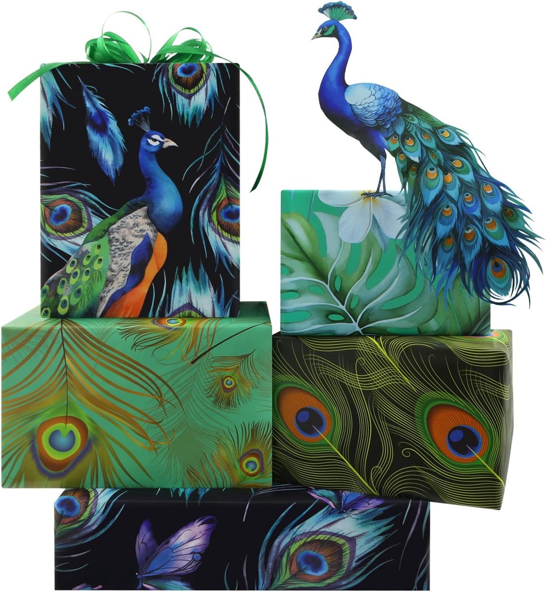 SnelShoppen - Pauw Inpakpapier 6 Vellen Turquoise Cadeaupapier met Pauwenveren Print, Blauwgroen Groenblauw Geschenkverpakking met Groene Lintset voor