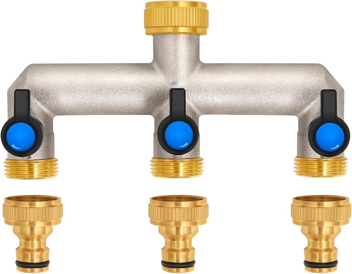 SnelShoppen - 3-Weg Messing Water Tap Verdeler voor 3 Apparaten/Garden Hoses, 1.8 cm (3/4") Adapter met Balafsluiter en Waterstroom Regeling