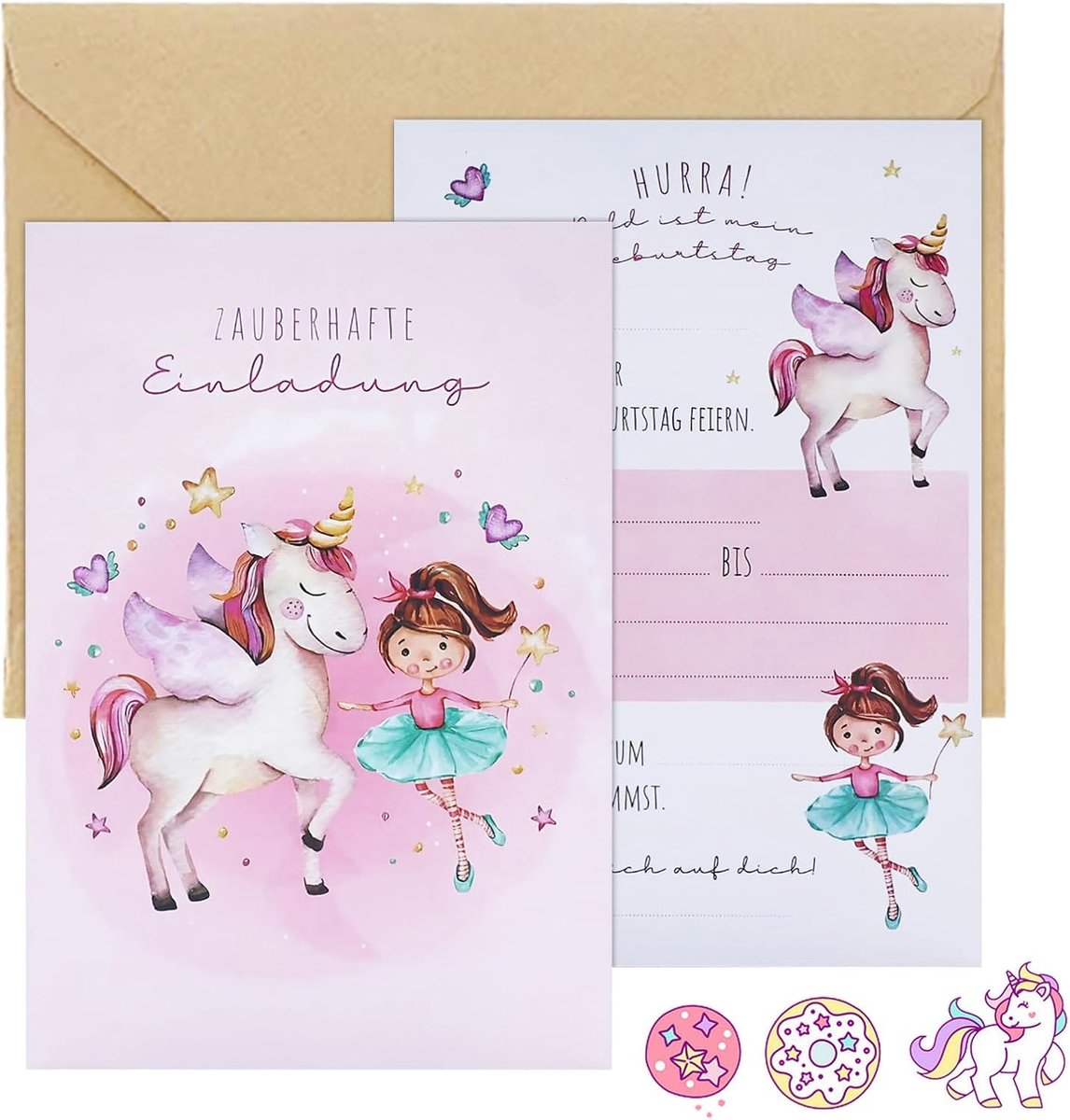 SnelShoppen - Unicorn Verjaardagsuitnodigingen Kinderen - 10 Stuks Prachtige Roze Kaarten met Eenhoorn Motief en Houten Enveloppen - Perfect voor Verj