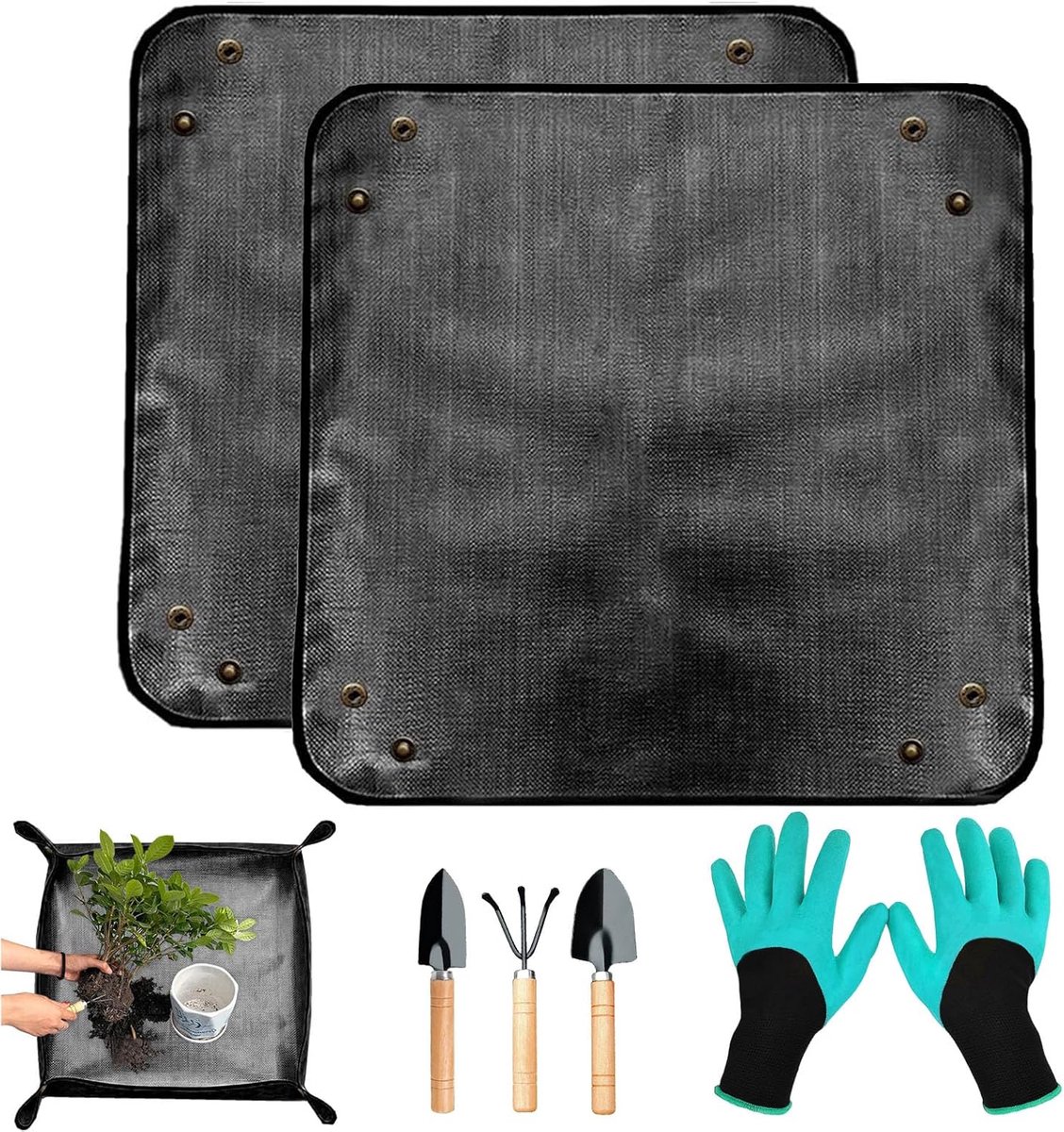 SnelShoppen - Repot Mat 2 Stuks, 99 x 99 cm Waterdichte Tuinmat, Vouwbare Plantmat met Tuin Gereedschap, Perfect voor Potten, Succulenten en Tuinieren