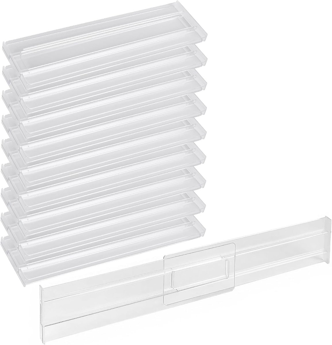 SnelShoppen - 10 stuks verstelbare ladeverdelers, transparante lade-organizer van PS-kunststof, 27,5-52 x 8 cm, ideaal voor keuken, kantoor, slaapkame