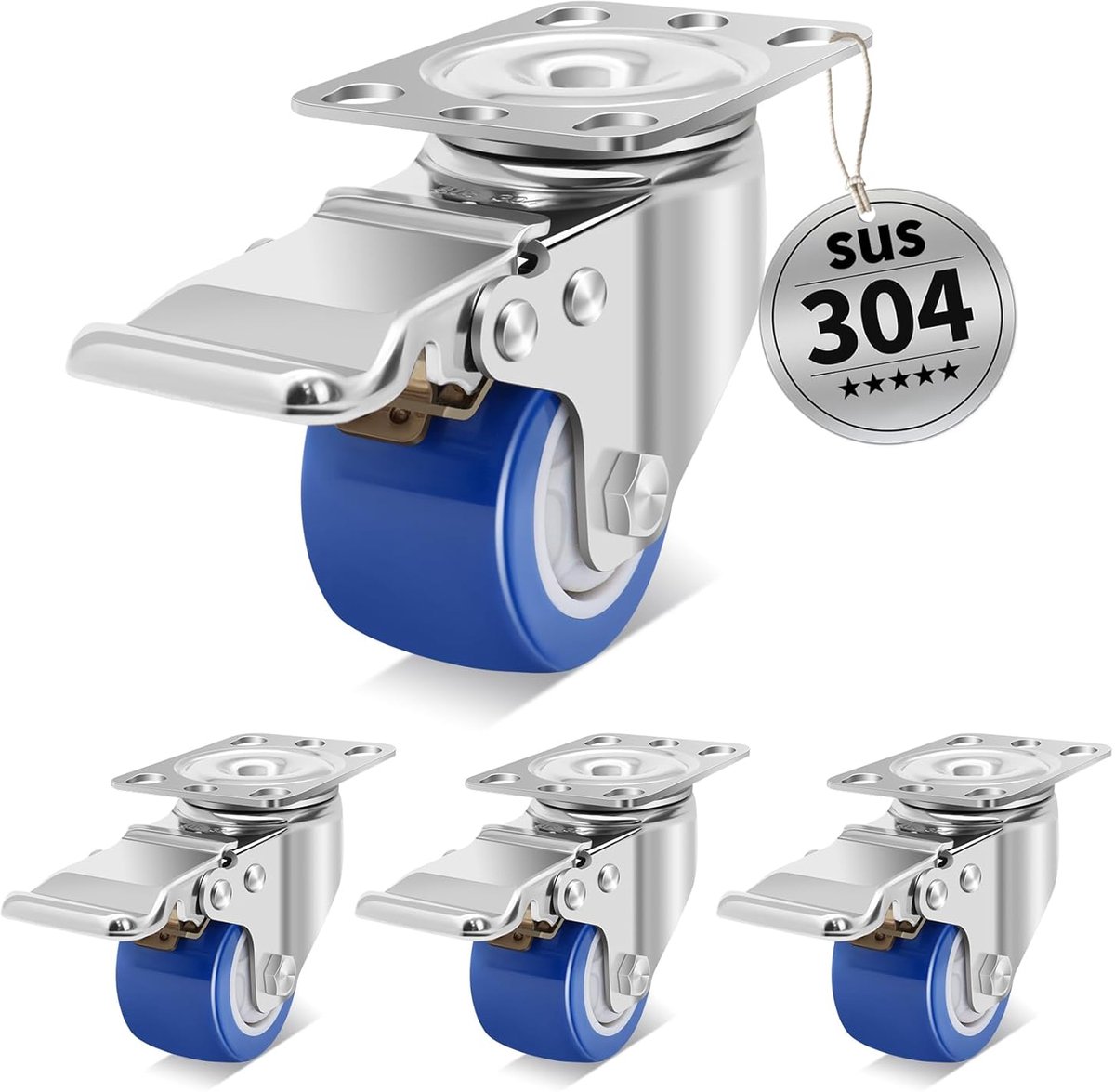 SnelShoppen - 50 mm RVS Zwenkwielen met Rem, Zware Belasting tot 360 kg, Hittebestendige Wielen voor Meubels, Industrieel en Buiten Gebruik
