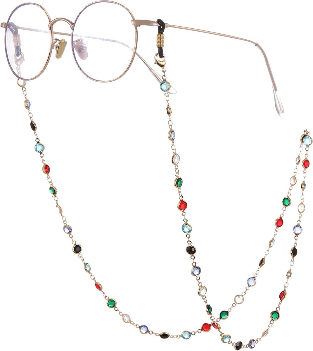 Kleurrijke Brilketting voor Zonnebrillen en Leesbrillen met Kristallen Beads - Bohemian Stijl voor Vrouwen en Meisjes in Roze Goud en Zwart Rubber
