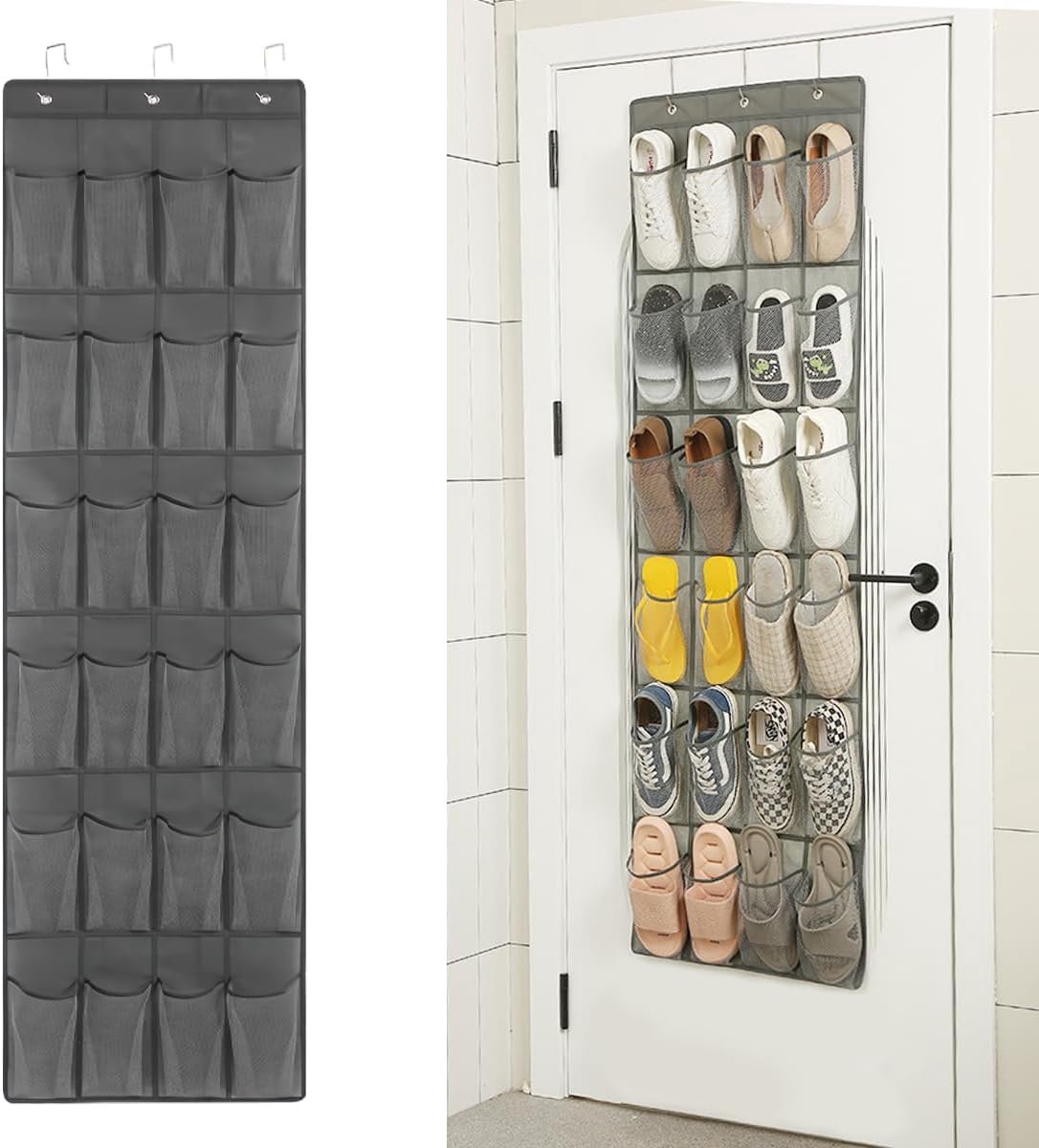 SnelShoppen - Hanging shoe rack met 24 vakken voor over de deur | Ruimtebesparende schoenenorganizer met 3 haken, multifunctioneel voor slaapkamer en