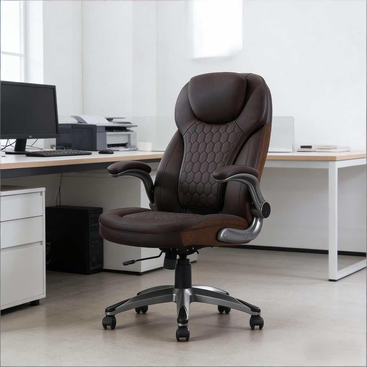 DESMIU Bureaustoel 67,5 x 120 cm - Hoge Rugleuning Met Hoofdsteun En Schommelfunctie - Voor Kantoor En Thuiswerkplek - Kunstleer Mesh Bruin