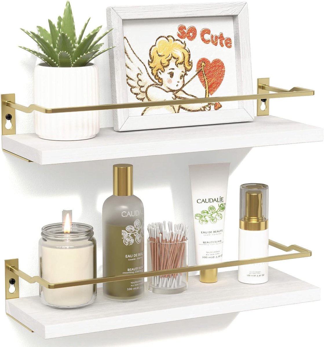 SnelShoppen - Badkamer Wandplanken Set van 2 - Wandgemonteerde Houten Planken voor Badkamer Decoratie - Functionele Opbergoplossing Boven Toilet - Met