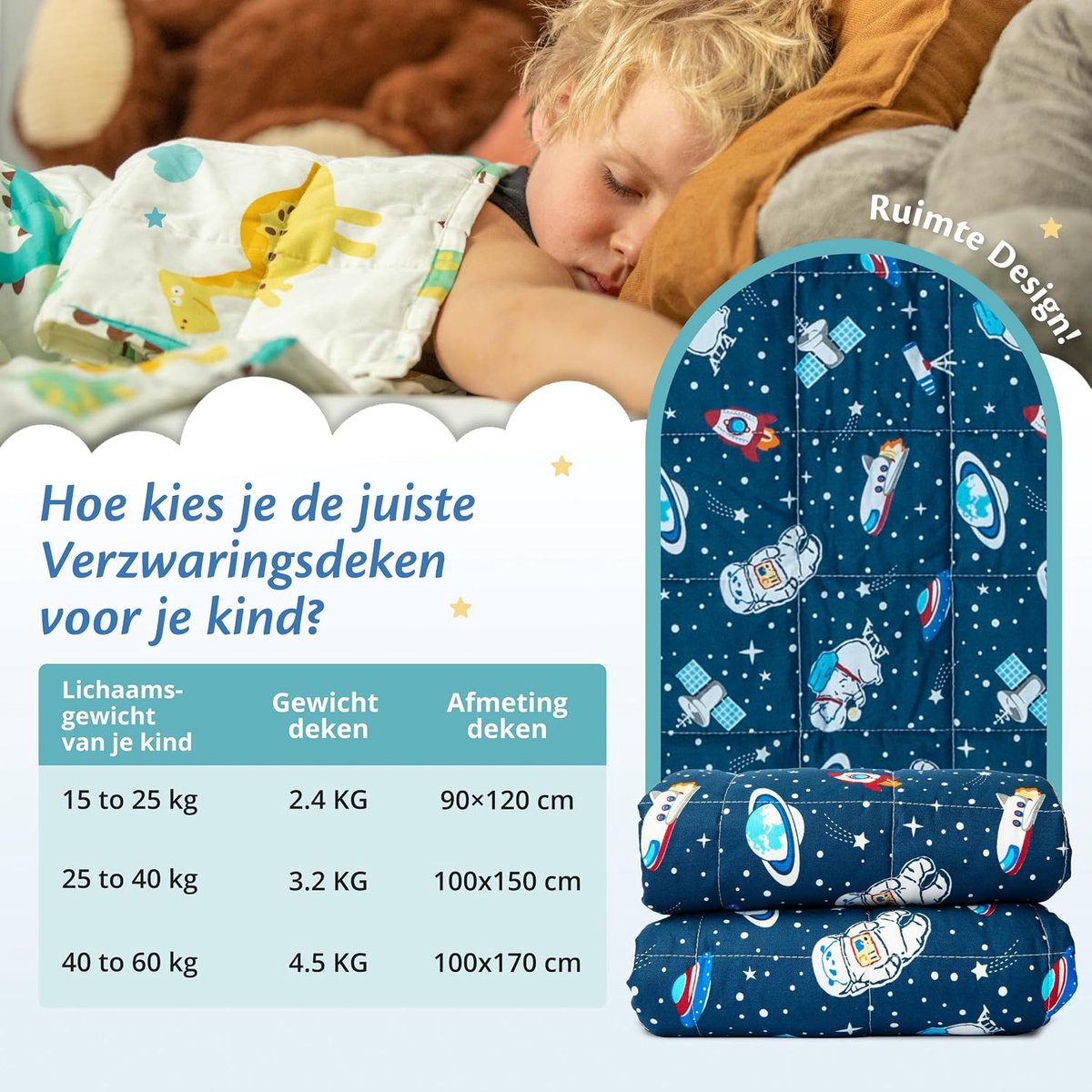 SnelShoppen - Weighted Blanket Kinderen 3.2 kg 100 x 150 cm - Zware Dekens - OEKO-TEX Katoen - Ruimte & Astronauten - Stressvermindering voor Kinderen