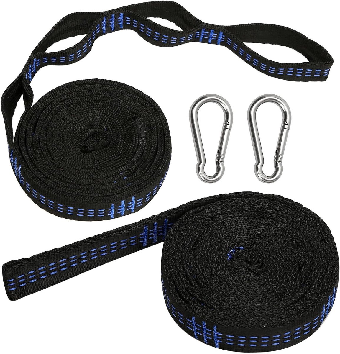 Set van 2 Hangmat Bevestigingen, 3 m x 2.5 cm, Sterke Ophangriemen met 18 Lussen, 300 kg Draagcapaciteit, Inclusief 2 Karabiners voor Kamperen en Buitenactiviteiten