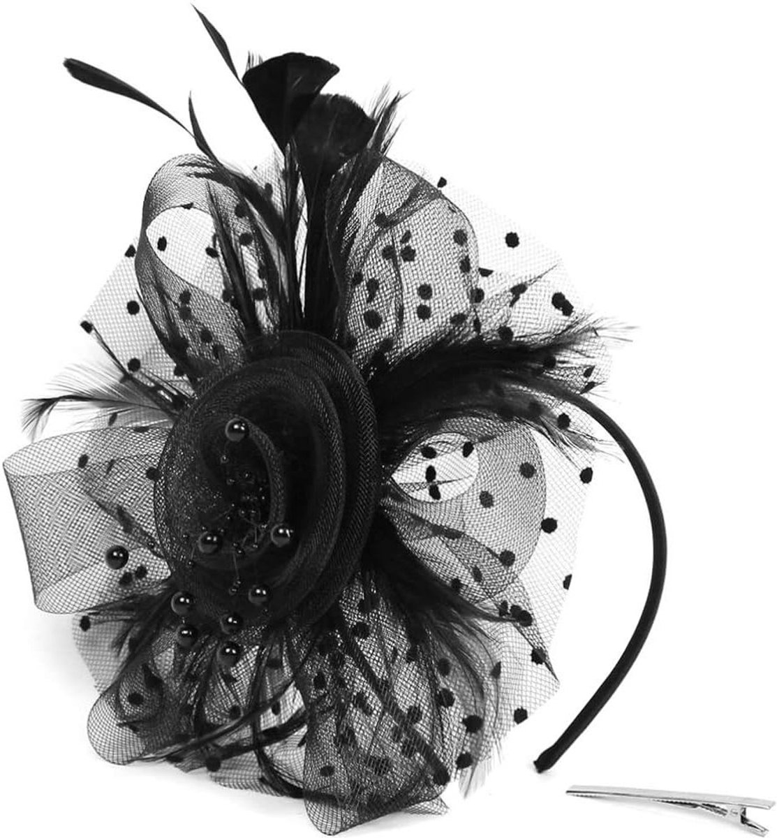 Fascinator dames sinamay hoed - zwart - met veer en vogelkooi - perfect voor bruiloften - SnelShoppen