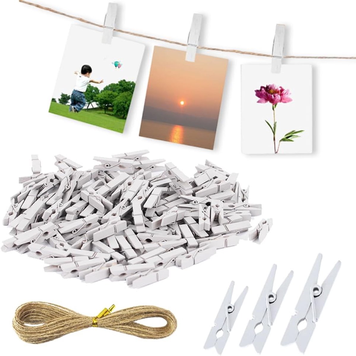 SnelShoppen - 150pcs Mini Houten Klemmen - Decoratieve Witte Kleur, 2.5/3/3.5cm, Inclusief 10m Jute Touw voor Foto's, Postcards, DIY Craft, Feest en D