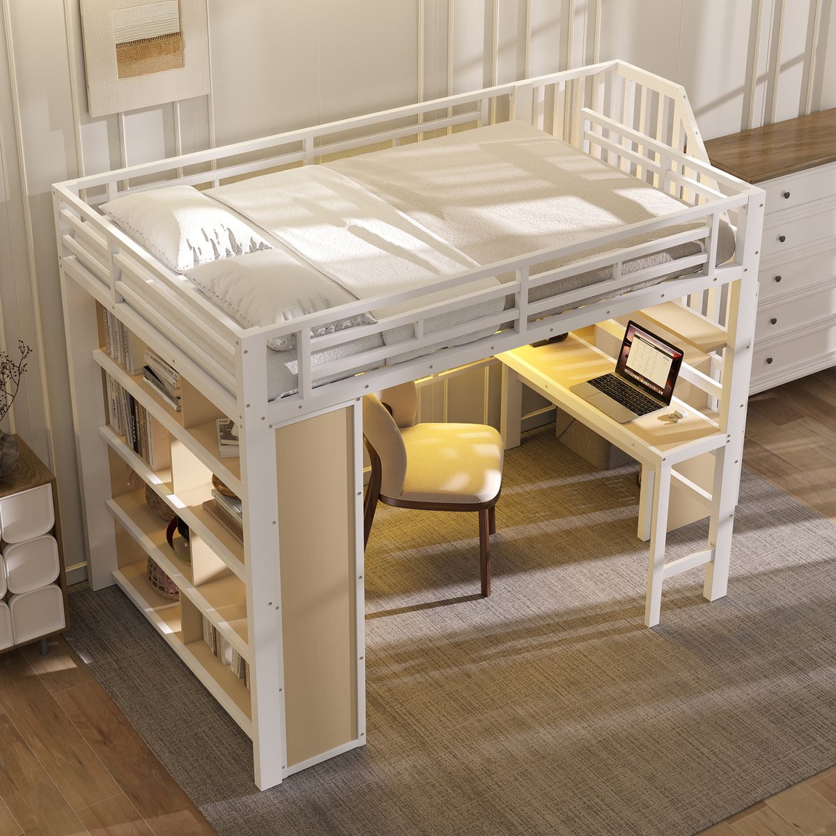 COVREO Hoogslaper 140x200 cm met bureau, opbergruimte, LED-verlichting, trap, wit