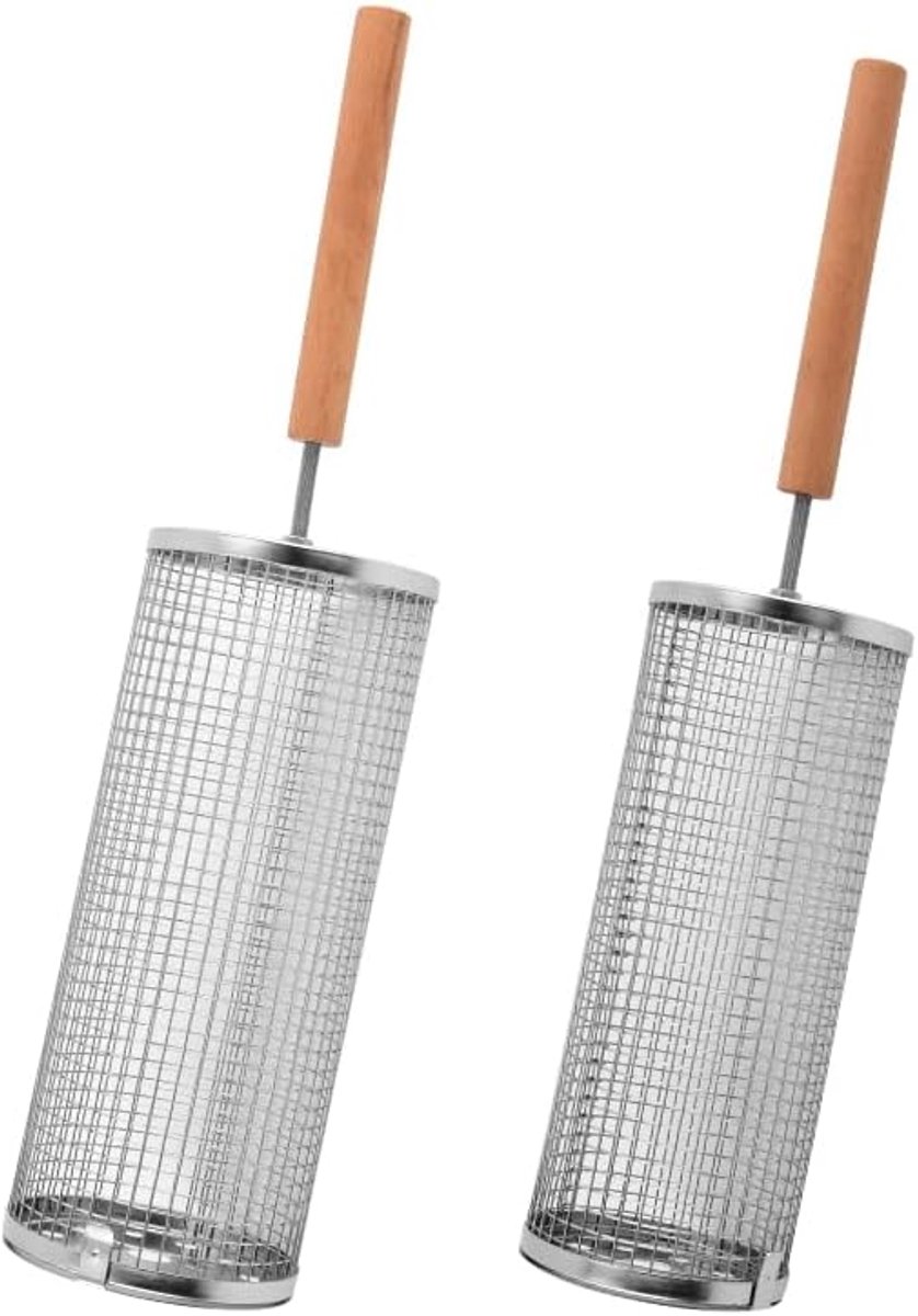 SnelShoppen - Rollende Grillmand Set van 2 met Afneembare Houten Handgreep, 304 Roestvrij Staal, Ideaal voor Gasbarbecues, Camping en Tuin, Perfect vo