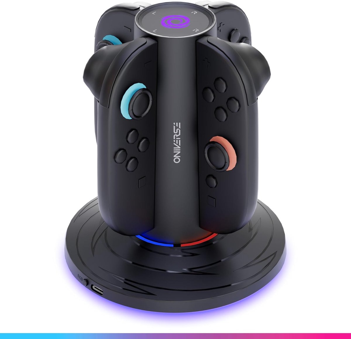 Thijox - Oniverse Controller Oplaadstation voor Switch 2 - Snelle Oplaadstation voor 4 Joy-Cons, USB-C Oplaadpoorten, Rood/Blauw LED-indicatoren, 10 V